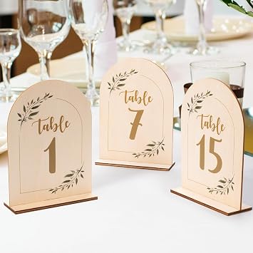 Table Numbers for Wedding Reception - Wood Double-Sided Arch Wedding Table Number Sign 1-15, with Wooden Base for Party Table Centerpiece Decoration