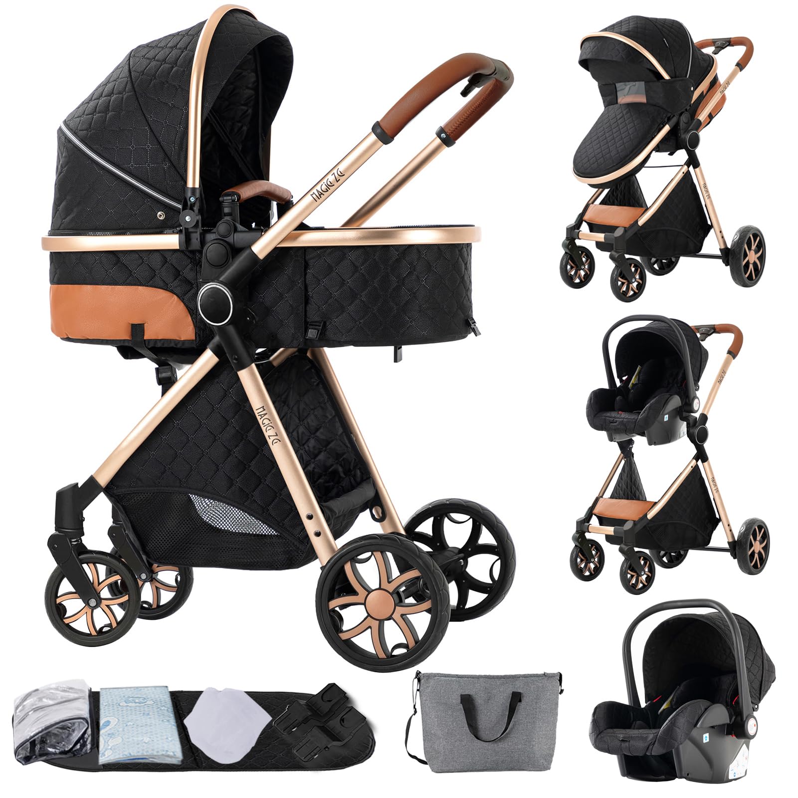Passeggino Trio, Passeggino 3 in 1 con Spinta Reversibile a Due Vie, Trio Passeggino Neonati con Accessori, Carrozzina per Neonati con Design Portatile Pieghevole Un Clic (V9 Black) 3 in 1 V9 Black 3 in 1-V9 Model