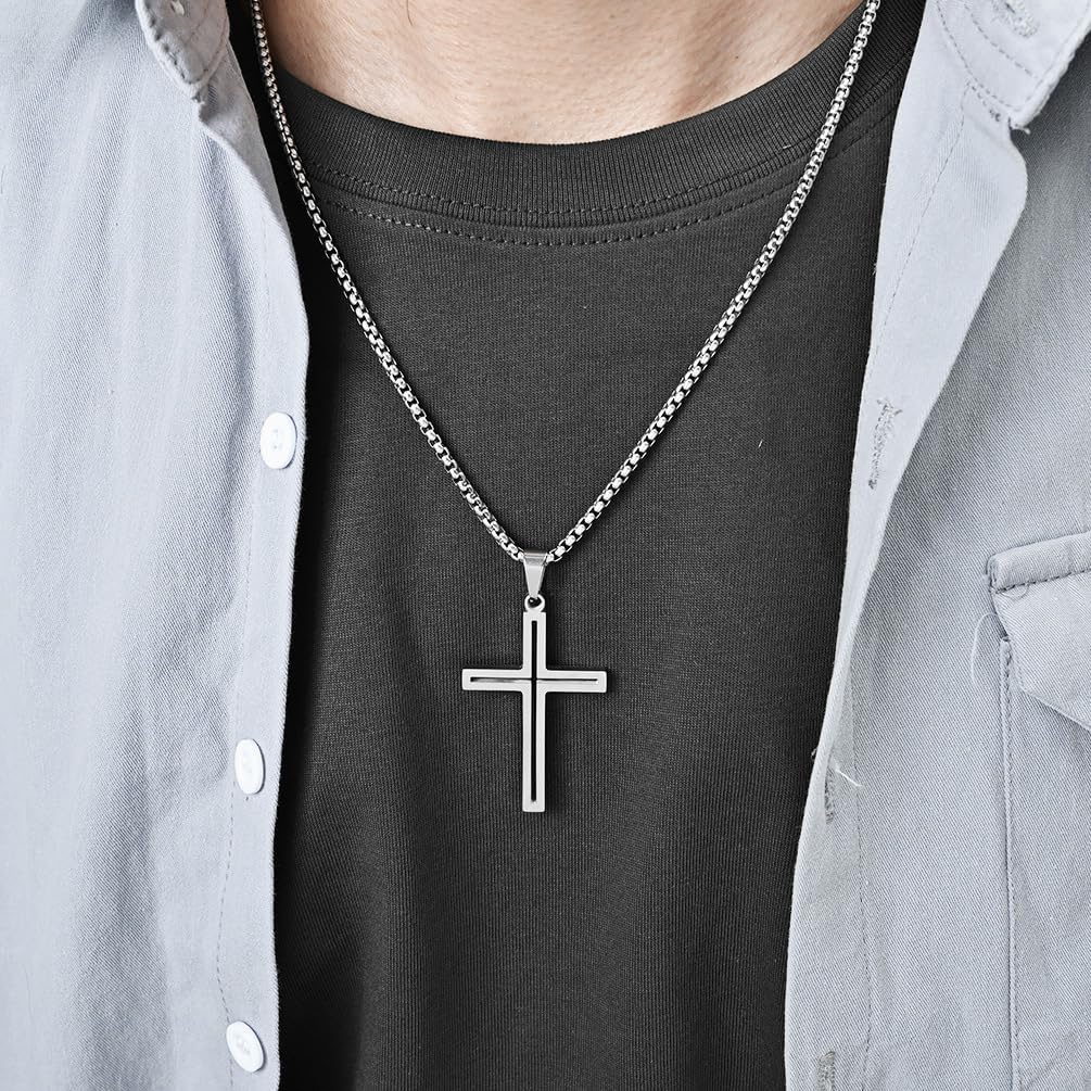 Cross Necklace for Men,Stainless Steel Silver/Gold/Black Crucifix Cubic Zirconia Pendant Necklace Jewelry，60cm Rolo Chain