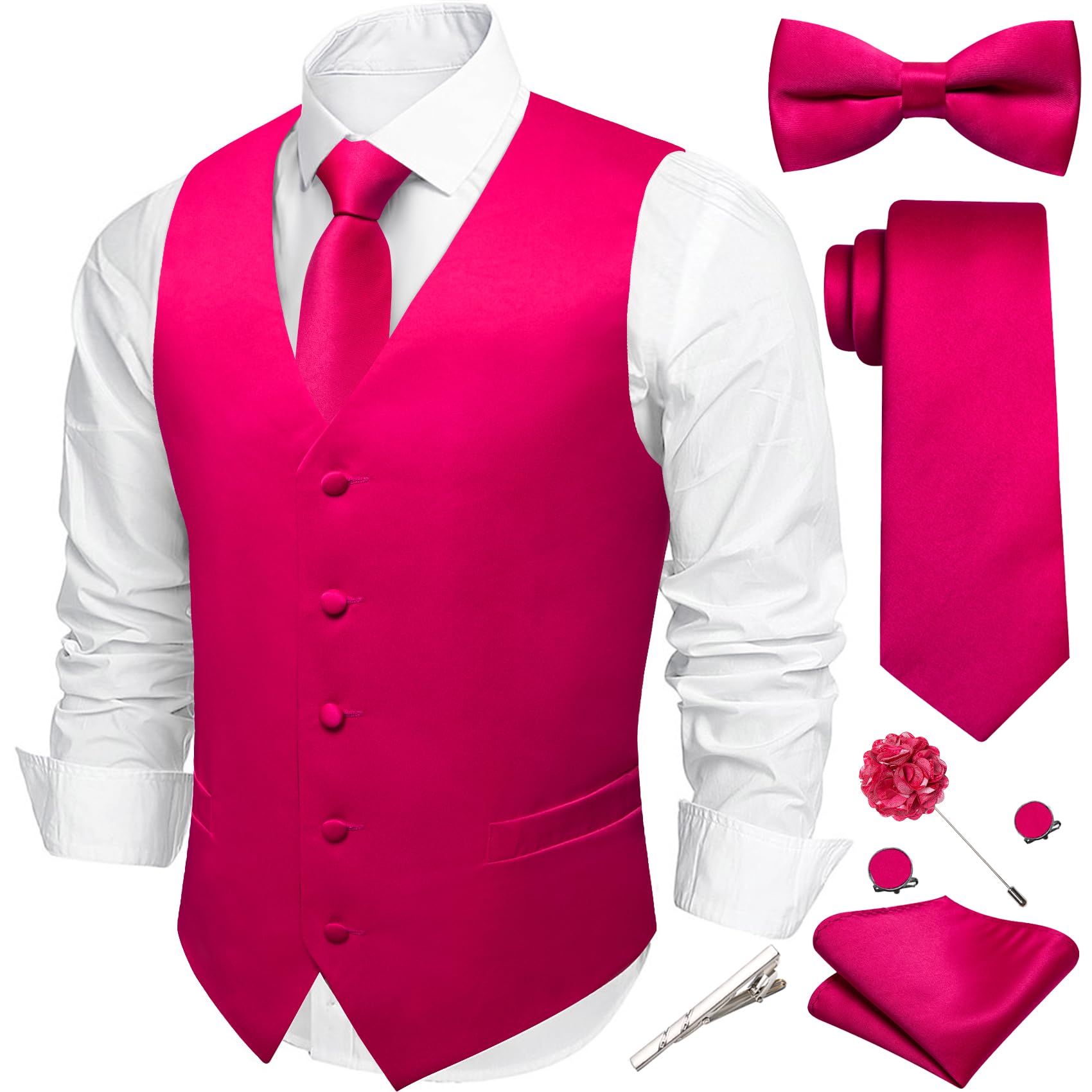 Barry.Wang Men's Suit Vest Tie Bowtie Hanky Cufflinks Clip Brooch 7PCS