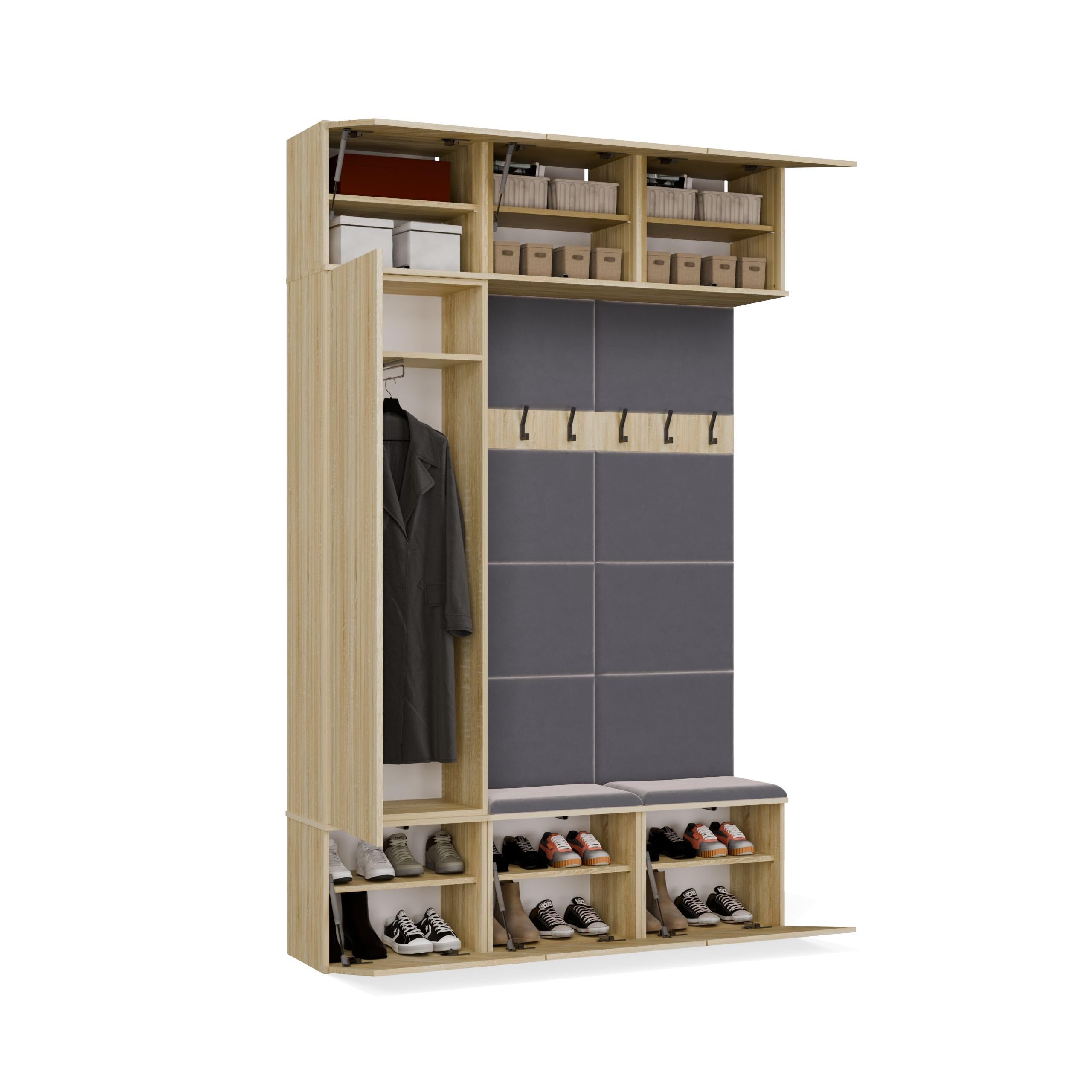 Mobile Ingresso Moderno 150x238 cm con Armadio, Scarpiera e Appendiabiti - Mobile Guardaroba Ingresso Chiuso con Schienale Imbottito e Apertura Tip-On Componibile MIT10 (Rovere chiaro/Grigio)