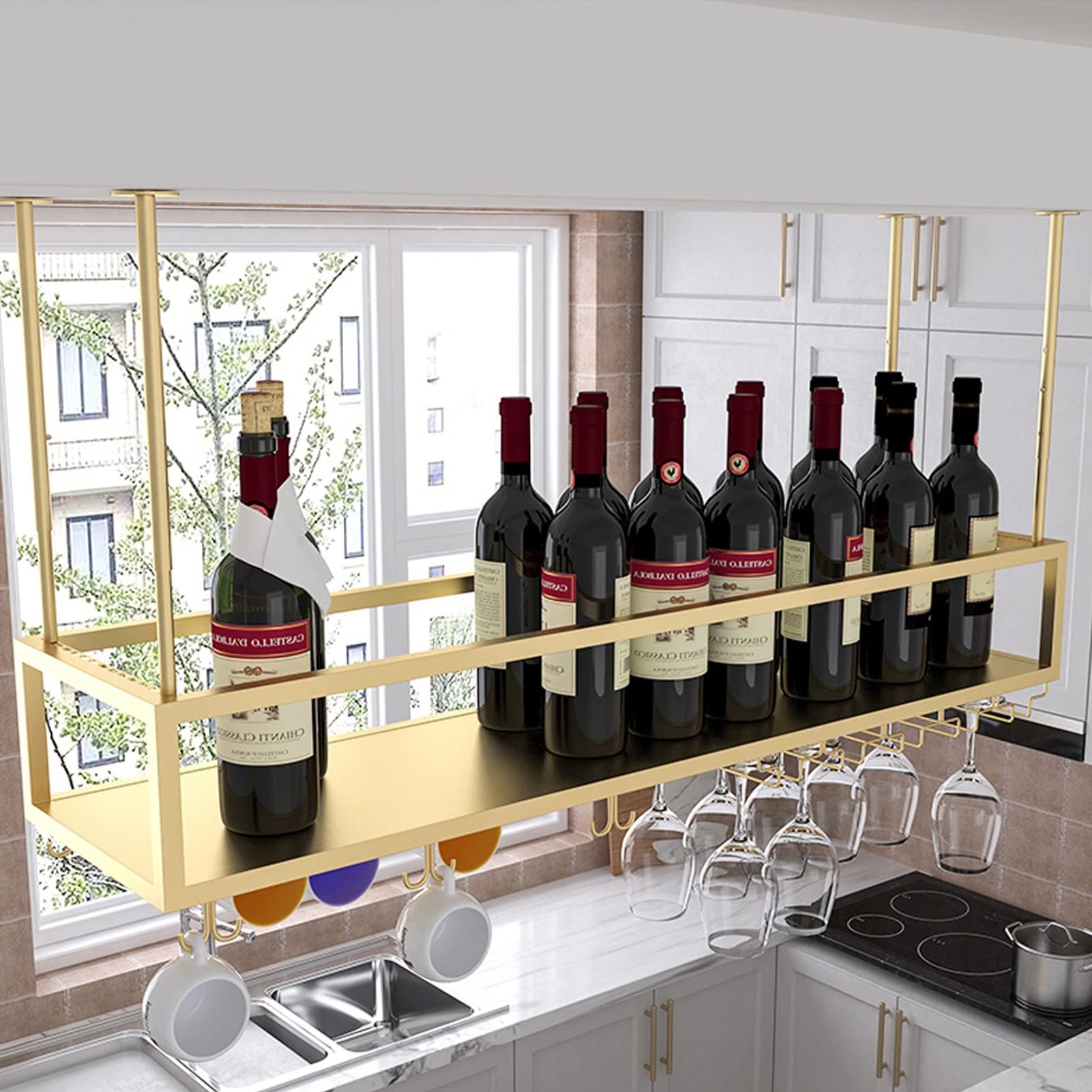 Casier à vin monté au plafond et étagère de rangement pour verres