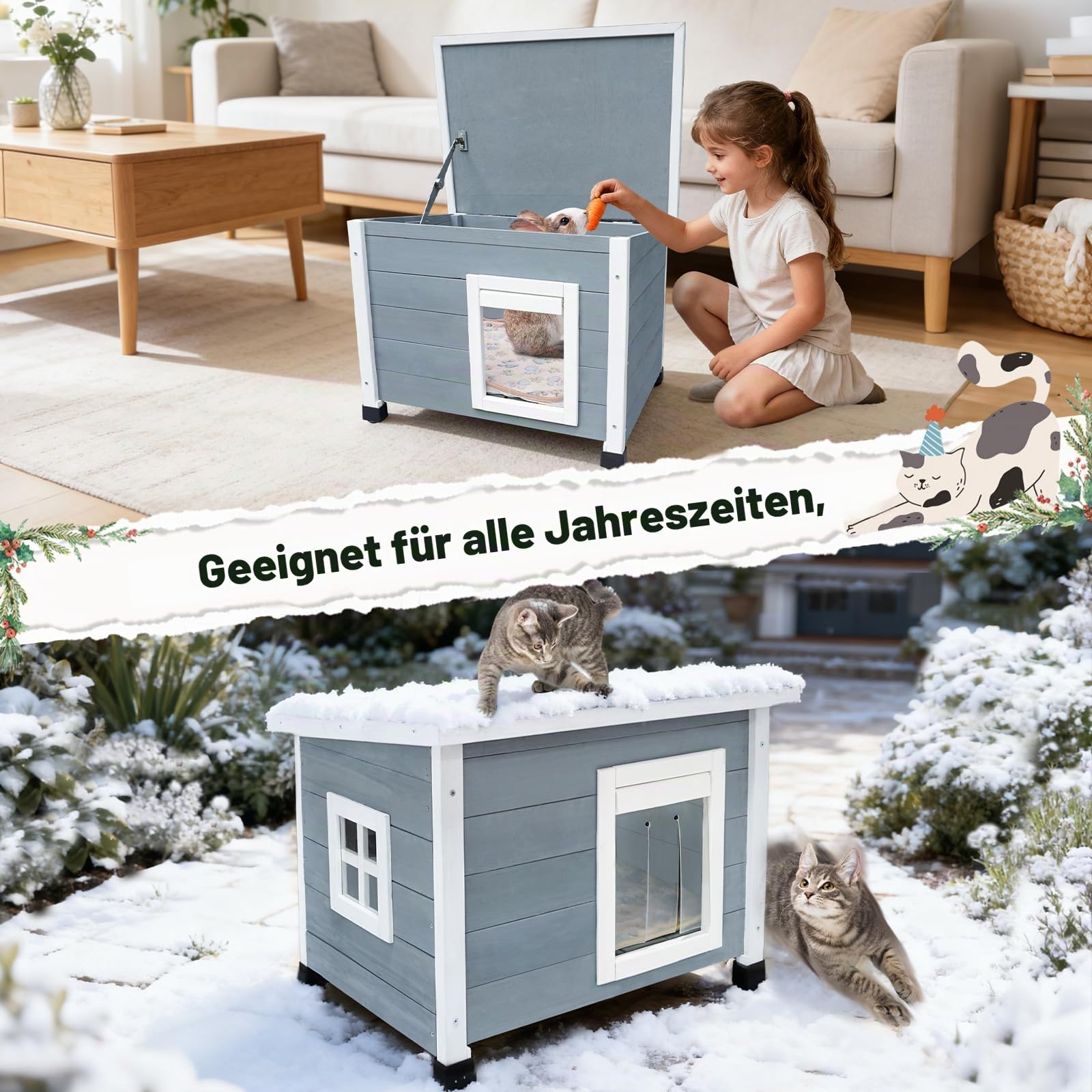 Holz-Katzenhaus für den Außenbereich mit wasserdichtem Asphaltdach, geeignet für Welpen und kleine Tiere (Grau + Weiß)
