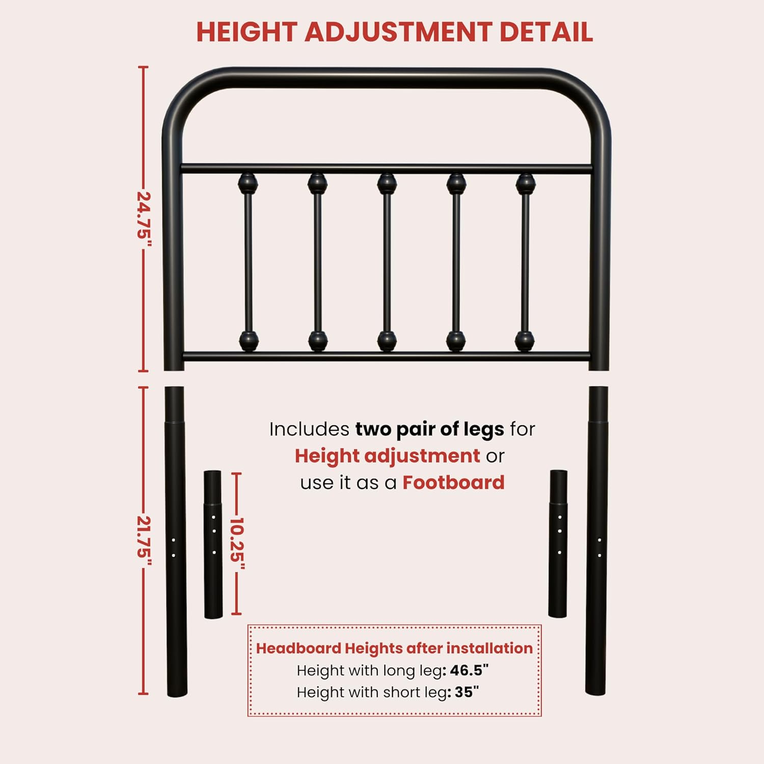 Vintage Twin Size Metal Bed Frame Height Adjustable Headboard Only, Wrought Iron Black Farmhouse Bed Frame Headboard, Easy Assembly, Short Clearance, Tall or Low Setting