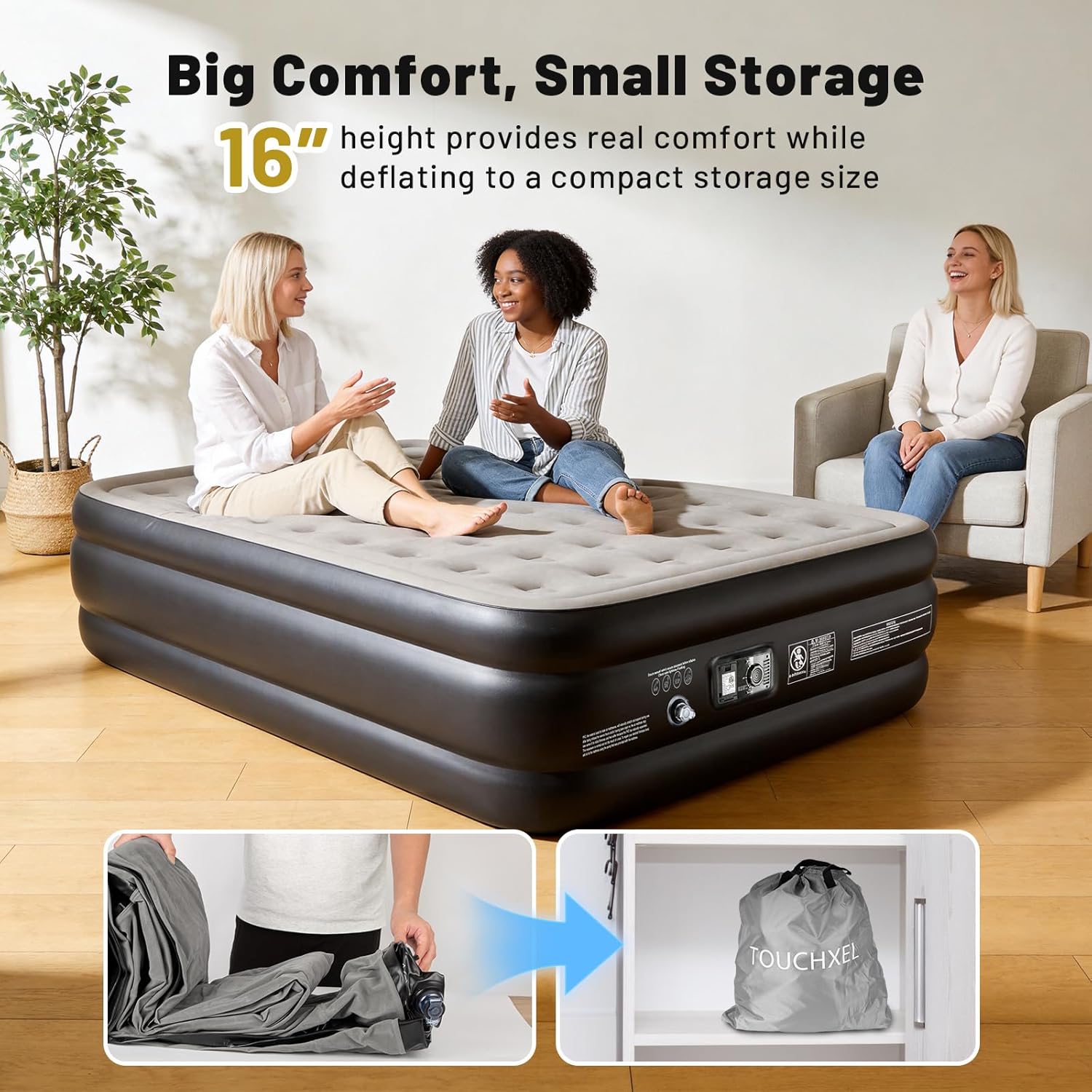 Air Mattress Queen with Built in Pump 16 Inch Raised Inflatable Mattress, Blow Up Airbed, Colchon Inflable, Portable Self Inflating Bed for Camping Guests Home Travel, 600 lbs Max