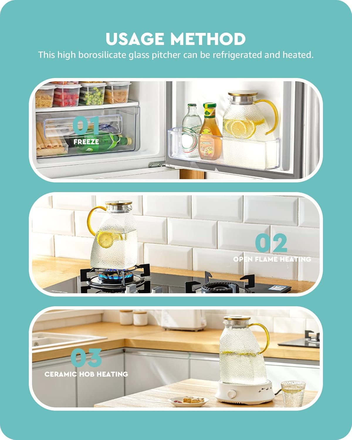 Baffect Water Pitcher, High Borosilicate Glass Jug with Stainless Steel Lid, Leakproof Fridge Door Carafe for Hot or Cold Beverage (1.8 L/63 oz.) - Image 4