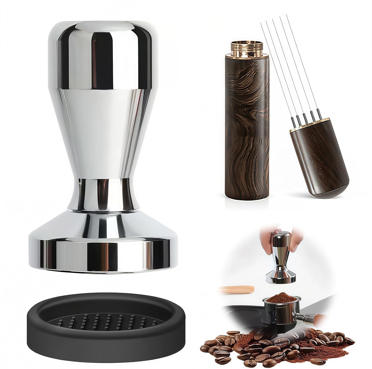 Coffee Tamper 51 mm Coffee Press Tamper, Flat Base Espresso Coffee Tamper, Coffee Tamper Espresso Press Wdt Tool with Espresso Coffee Stirrer for Cafes and Coffee (Metal Silver-1, 51mm)