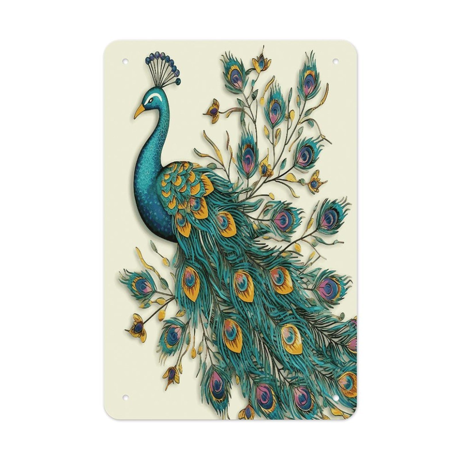 LDGSUPH Peacock Pattern Wall Art Prints Folded Edge Iron Sheet Painting with Holes for Wall Prints Decorative Picture Metal Signboard Decor Painting for Outdoor Indoor Wall Decor