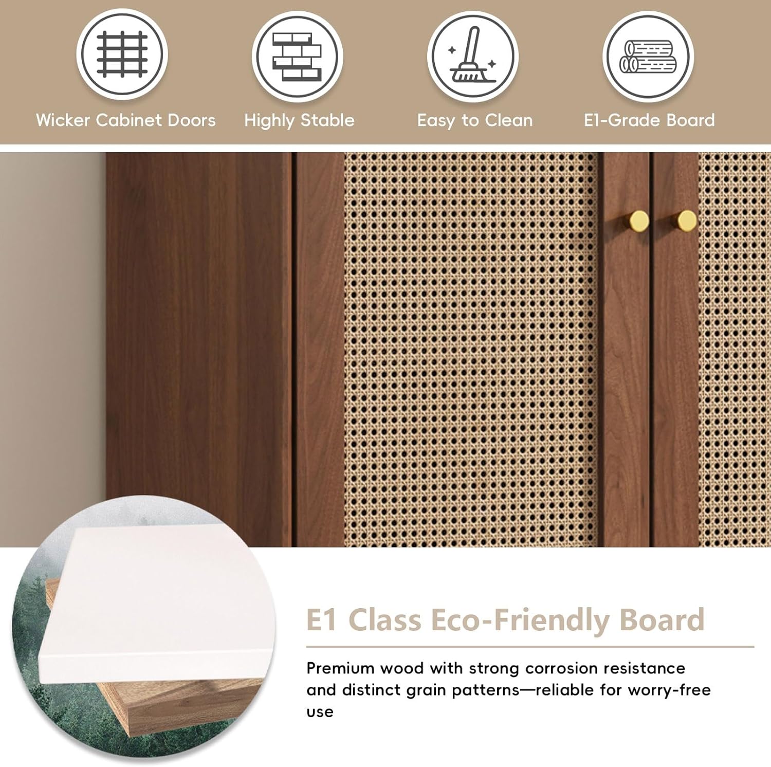 Rattan Sideboard Buffet Cabinet with Storage, Accent Cabinet with Doors and Shelves, Farmhouse Coffee Bar Station Table with Drawers, Suitable for entryway and Living Room(Wood Color,31.5in)