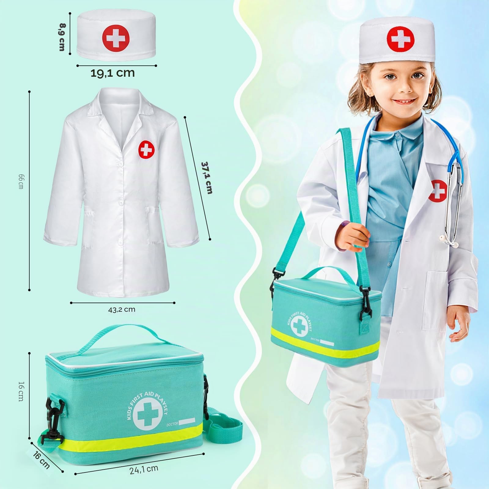 Sundaymot Valigetta Dottore Bambini, kit Dottoressa Bambina, con Vero Stetoscopio, Termometro, Camice da Medico e Borsa da Medico Portatile, Gioco di Ruolo per Ragazze e Ragazzi di 3, 4, 5 Anni