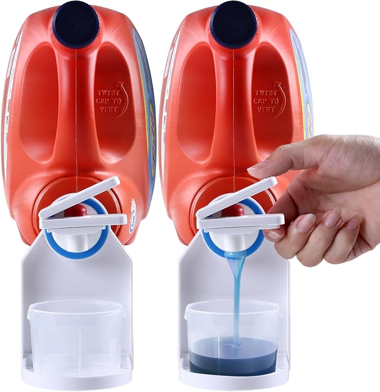 [Paquete de 2] Dispensador de detergente para ropa, portavasos y boquilla, interruptor de ahorro de fuerza, dispensador de jabón, recogegotas, para organización y almacenamiento de lavandería