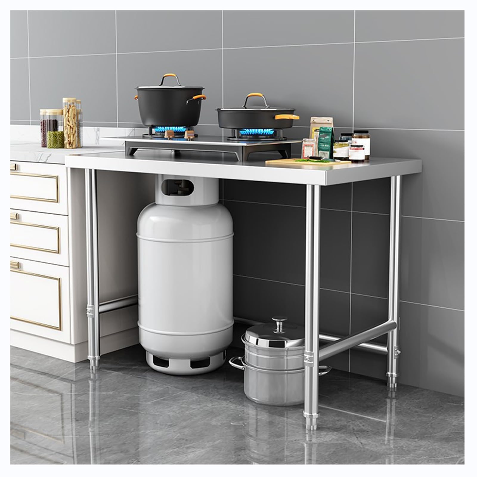 Banco de Trabajo de Acero Inoxidable de Una Sola Capa Y Mayor Grosor Tabla de Cocina Triangular Reforzada Estante para Restaurante con Base Ajustable
