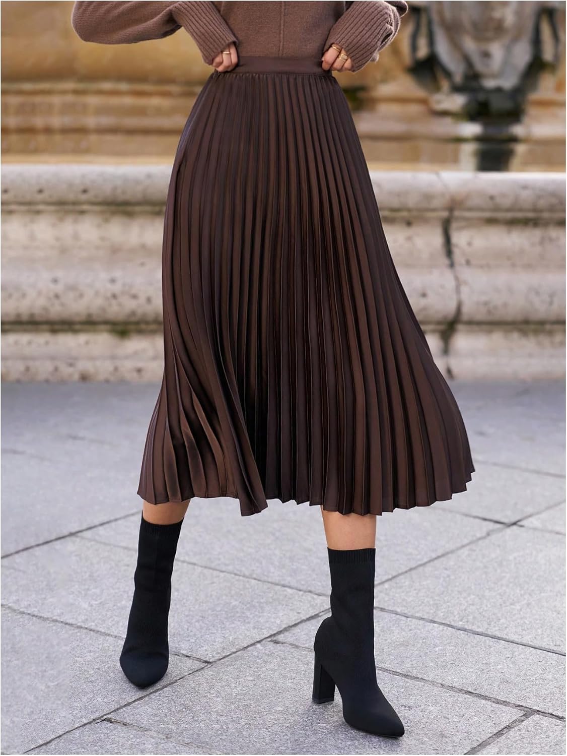 Milumia Women's Elegant High Waist Pleated Midi Skirt Ruffle Hem Flowy A Line Skirts - Image 5