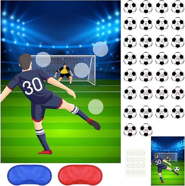 PLULON Soccer Party Games for Kids Pin The Soccer on the Goal Birthday Party Games Football Poster with 30 Pcs Soccer Ball Stickers for Soccer Birthday Party Supplies Classroom Family Activities