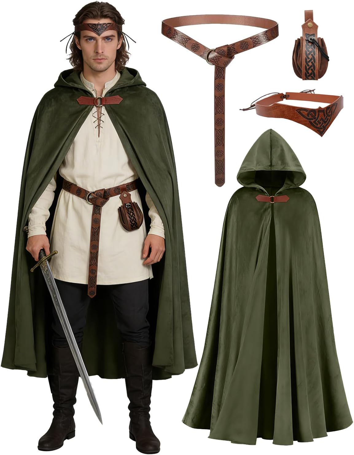 kasahara Renaissance Hooded Cloak Medieval Costume Accessories for Men Women Halloween Costume Cape Belt Pouch Bracers