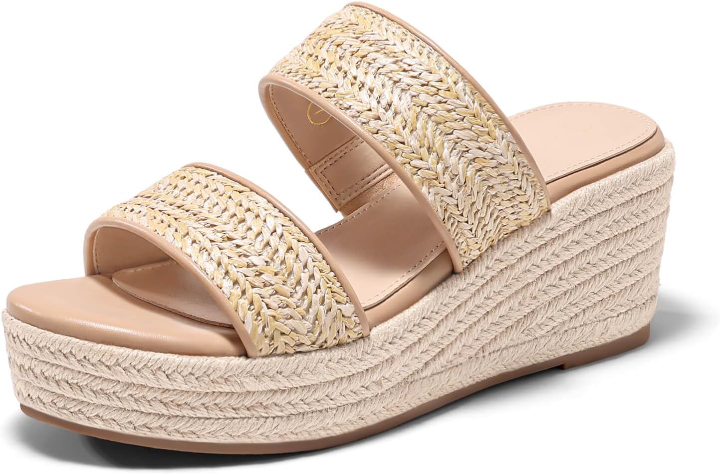Coutgo Womens Platform Wedge Sandals Espadrille Raffia Heeled Slides Open Toe Two Band Summer Beach Vacation Shoes