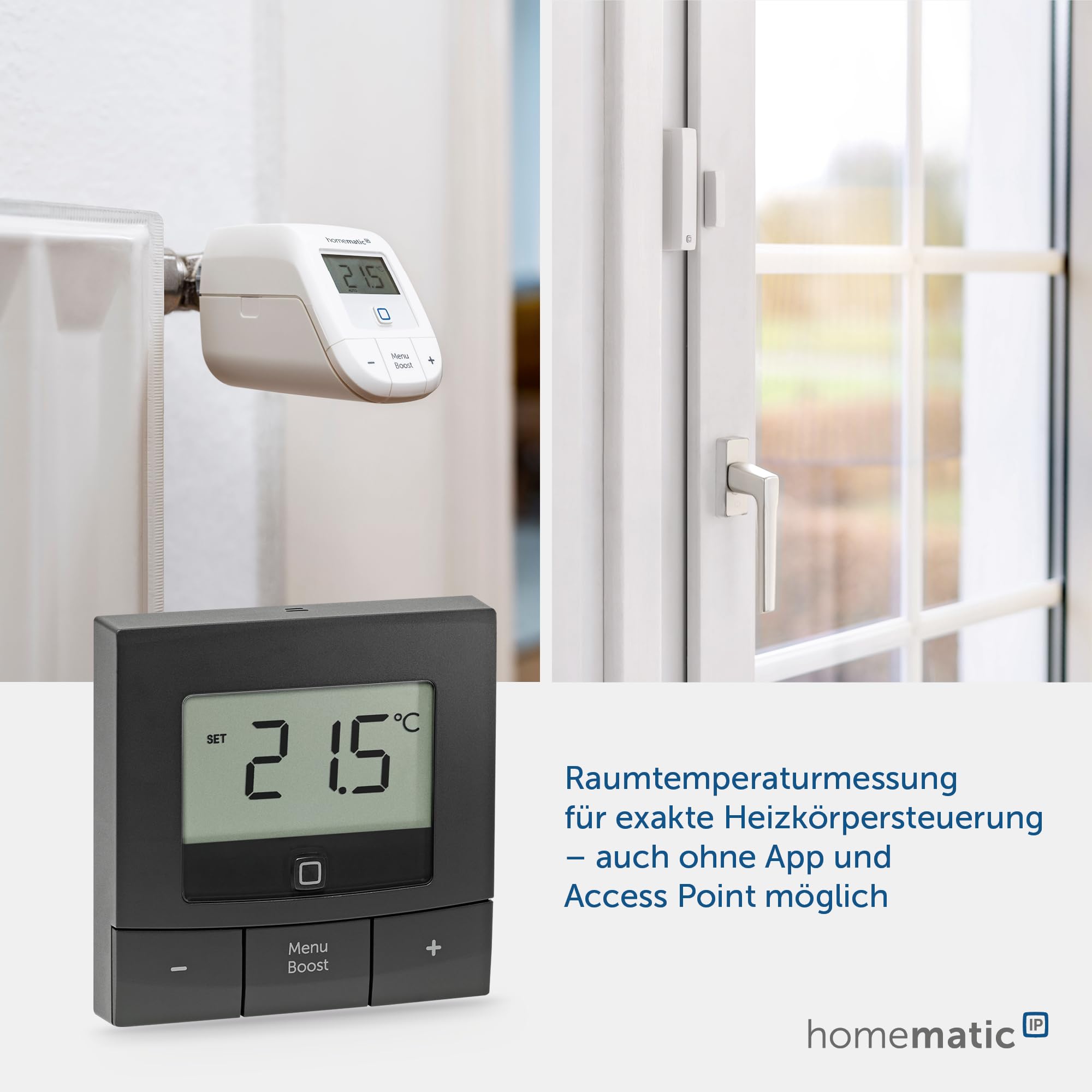 Homematic IP Smart Home 160554A0 termostat ścienny – podstawowy, antracytowy, cyfrowy termostat do grzejników z/bez aplikacji, Alexa, Google Assistant, pomiar temperatury, oszczędność energii