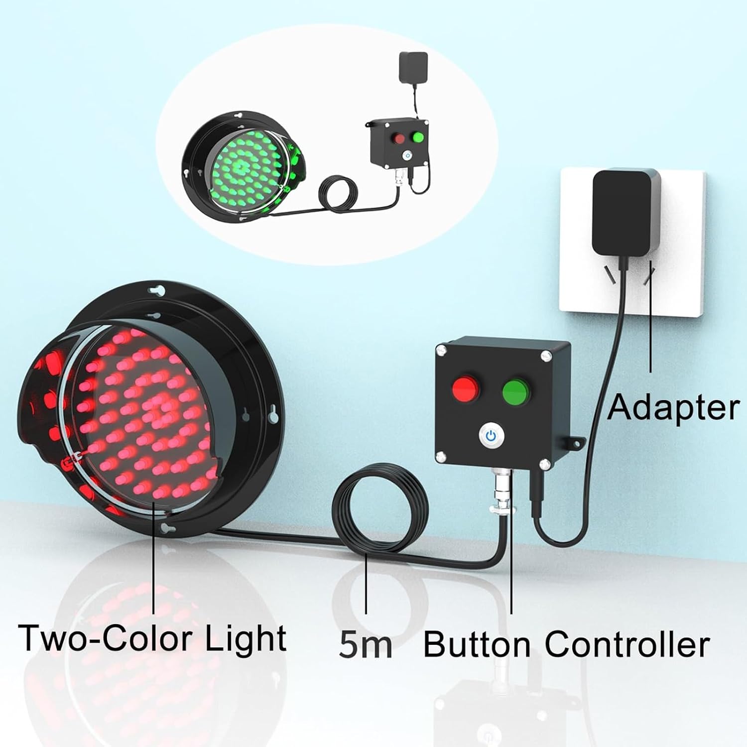 LED Traffic Stop Light, Red/Green Two-Color, Industrial Warning Light, IP67 Waterproof, Plug & Play (100mm/4 in)
