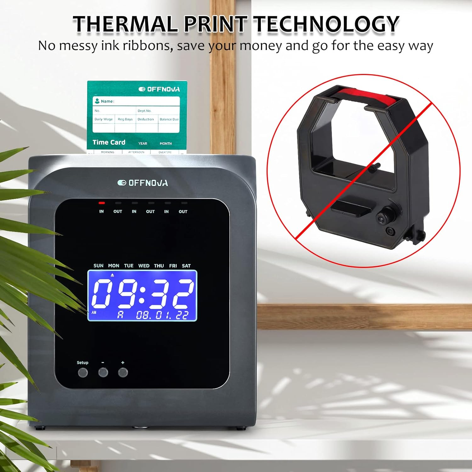 OFFNOVA Upgraded Thermal Time Clock for Employees Small Business, 12/ 24 hrs Alternative Time Clock,No Ink Ribbons or Network Needed, in/Out Time Attendance Machine with 50 Time Cards