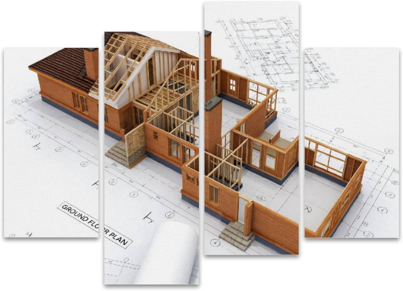 Generic Building Under Construction Blueprints Isolated White Canvas Prints Wall Decor 4 Pieces Contemporary Framed Artworks for Living Room Bedroom Bathroom Office Home Decoration Gifts