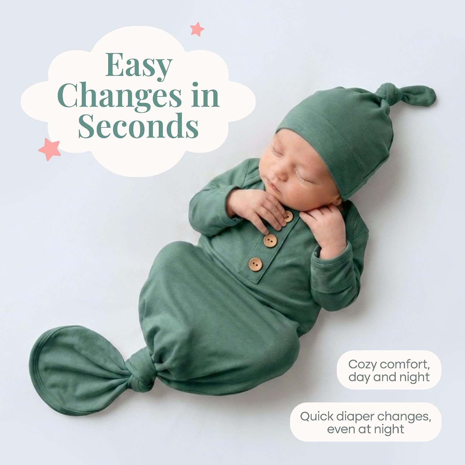 Caden Lane Newborn Knotted Gown with Hat, Soft Bamboo Viscose Baby Sack, Unisex Infant Breathable Night gown Emerald