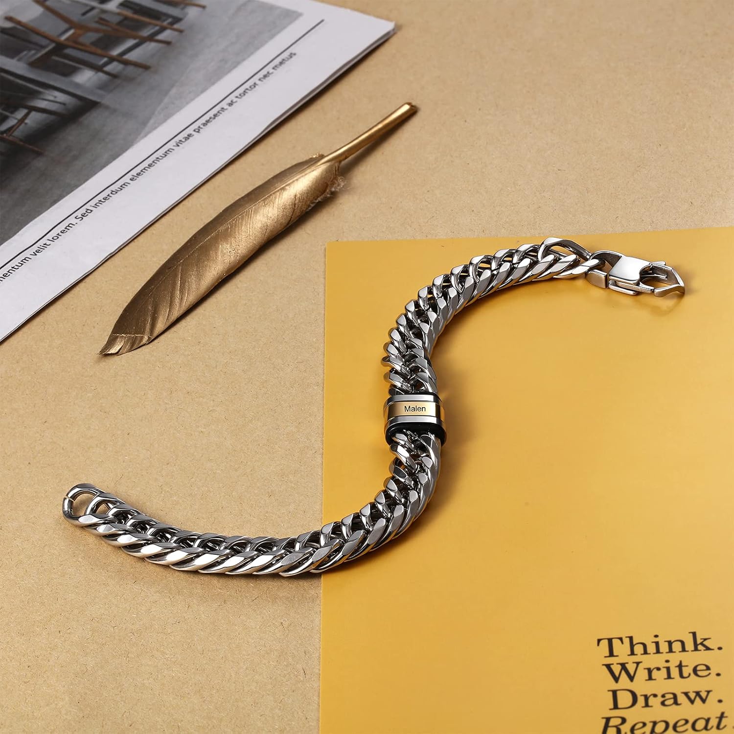 Mens Bracelet Personalized Custom Bracelets with Name Beads Stainless Steel Cuban Link Bracelet for Men Cool Bracelets for Men DAD Father Day (1 name)