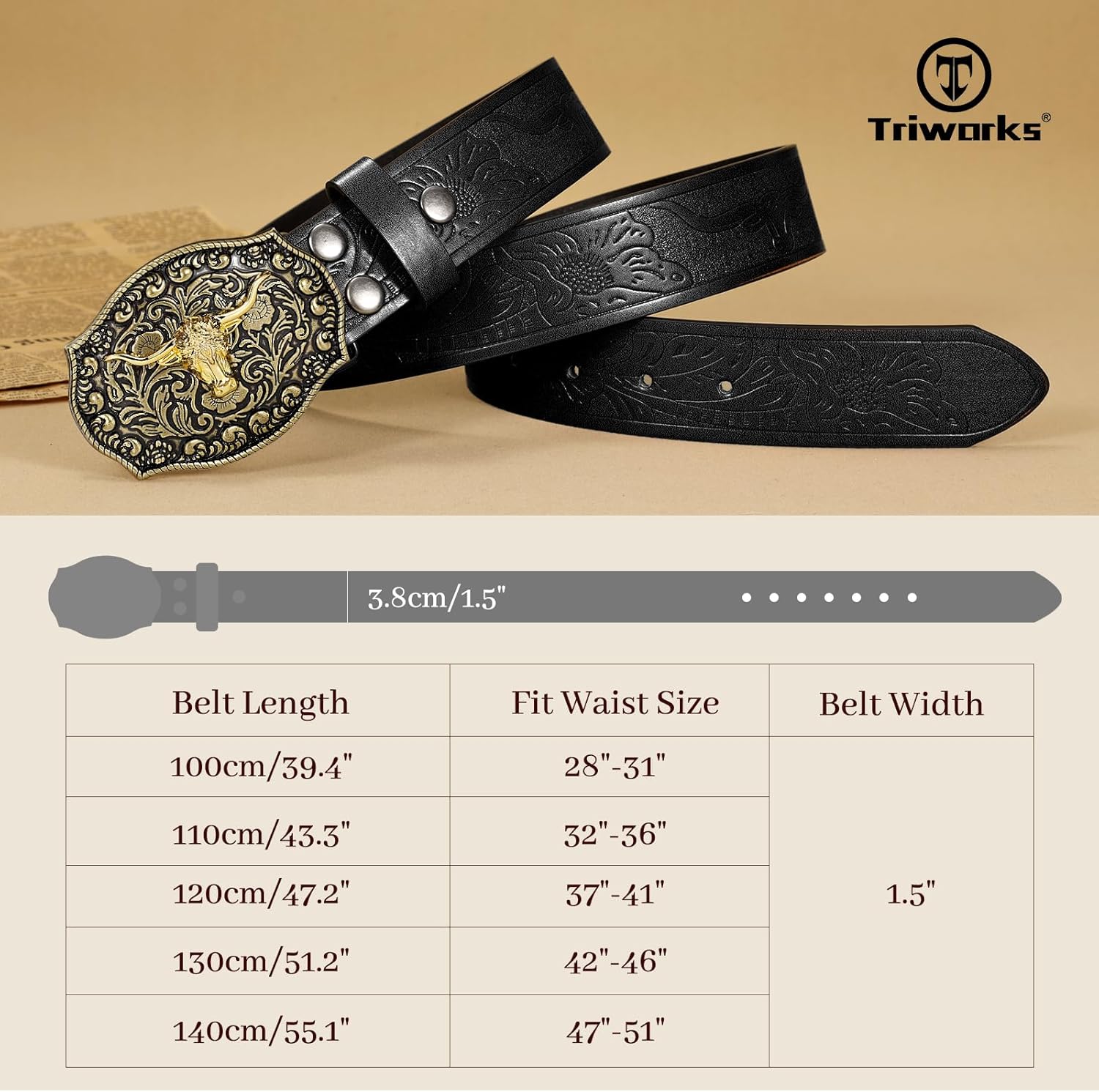 TRIWORKS Western PU Leather Belt for Men and Women Cowboy Cowgirl Belt Western Embossed Leather Belt - Image 6