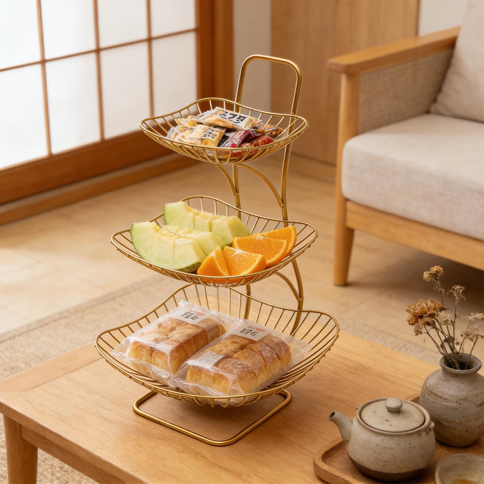 Présentoir à fruits à 3 étages en métal doré - Design moderne - Pour mariage, fête, maison, buffet, centre de table, sans montage