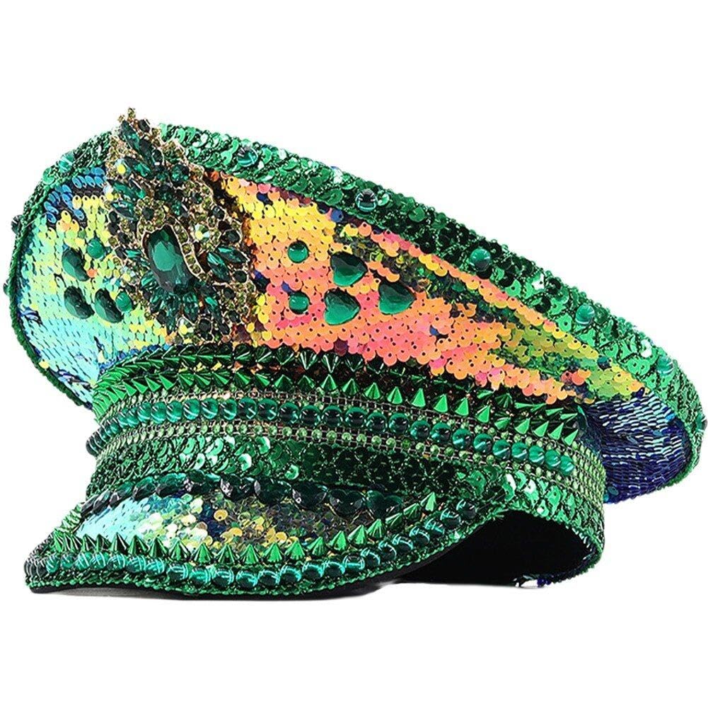 Wudaizhi Cappello da Sergente con Paillettes Cappello Militare con Strass Cappello Verde Che Brucia Cappello da Night Club Cappello da Festa per Festival