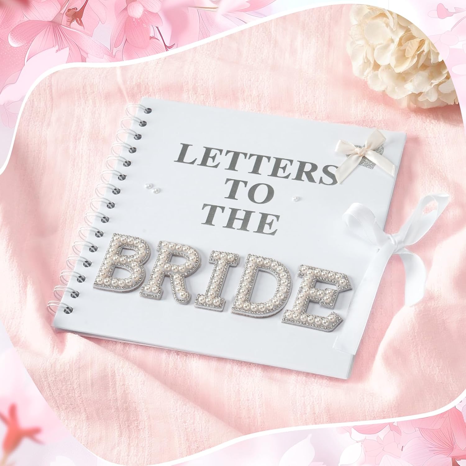 8 x 8 Inch Letters to The Bride Scrapbook Wedding Memory Book Bridal DIY Blank Paper Scrapbook Photo Album Guest Book Sign with Pearl Stickers, Metallic Letters, Bows(Warm White)