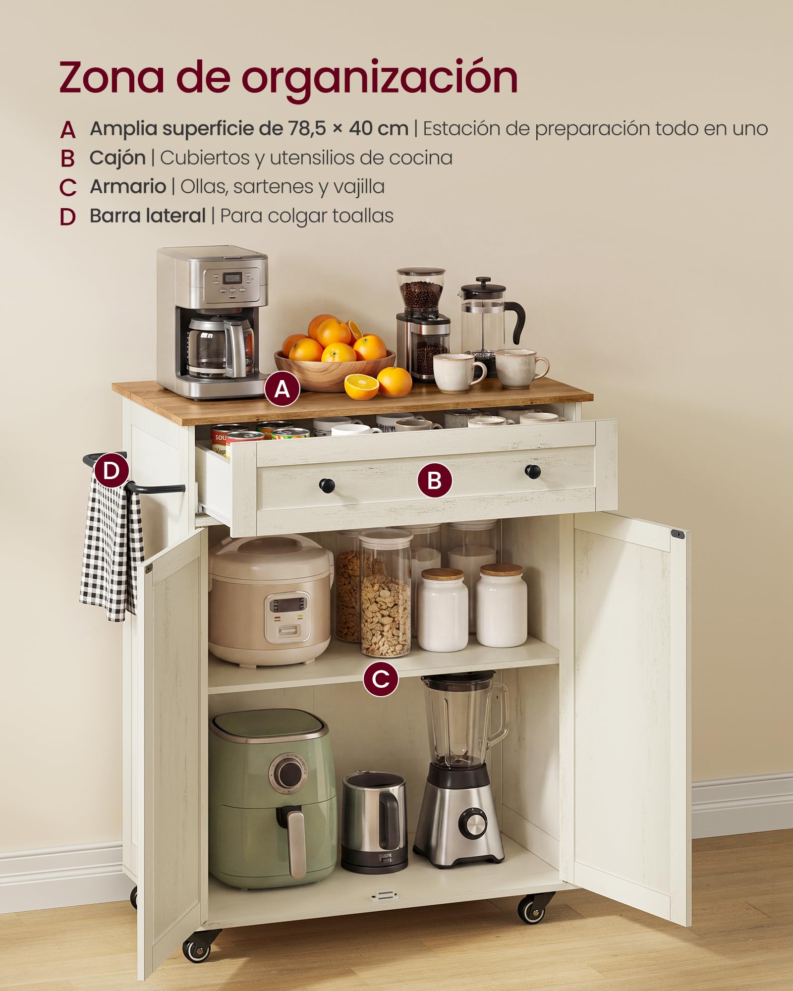 VASAGLE Siren Collection KKI009WJ01 - Mueble de Cocina, Isla de Cocina, con encimera, Ruedas, Carrito de Cocina, cajón, Estilo rústico, Estante Ajustable, Color Blanco Nube y marrón Miel