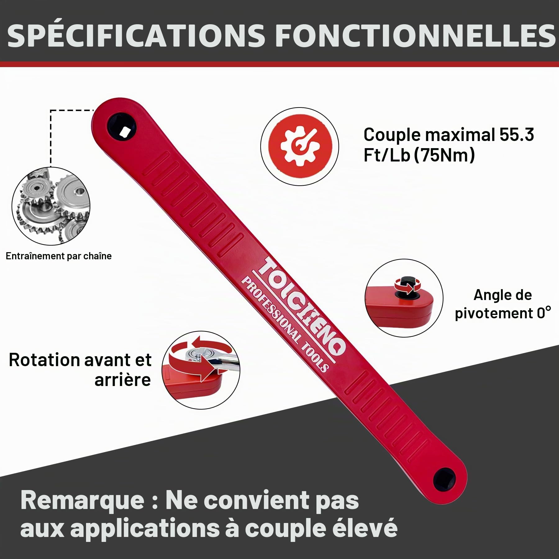 Ensemble de clés à molette offset, outil de prolongation de clé offset Pro Zero avec adaptateurs de manivelle carrée de 1/10,2 cm, 3/20,3 cm, 1/5,1 cm - Clé universelle pour espaces (Rouge)