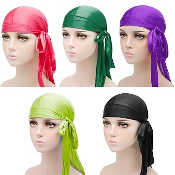 5 Pieces Silky Durag Caps, Elastic Long Tail Silky Durag Caps Head Wraps Soft Head Scarf for Women and Men 5