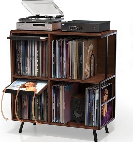 Miniatura 11 de Soporte para Tocadiscos con Tapa Abatible, Mesa Grande para Tocadiscos con Almacenamiento Abierto con Capacidad para hasta 150+ Álbumes, Soporte