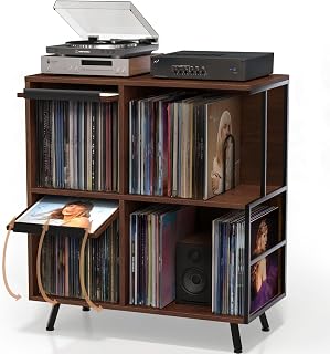 Flip Top Record Player Stand, Large Record Storage Holds up to 300+ Albums, 3 Tier Vinyl Record Storage, Vintage Turntable Stand with Open Storage, for Living Room Bedroom, Walnut