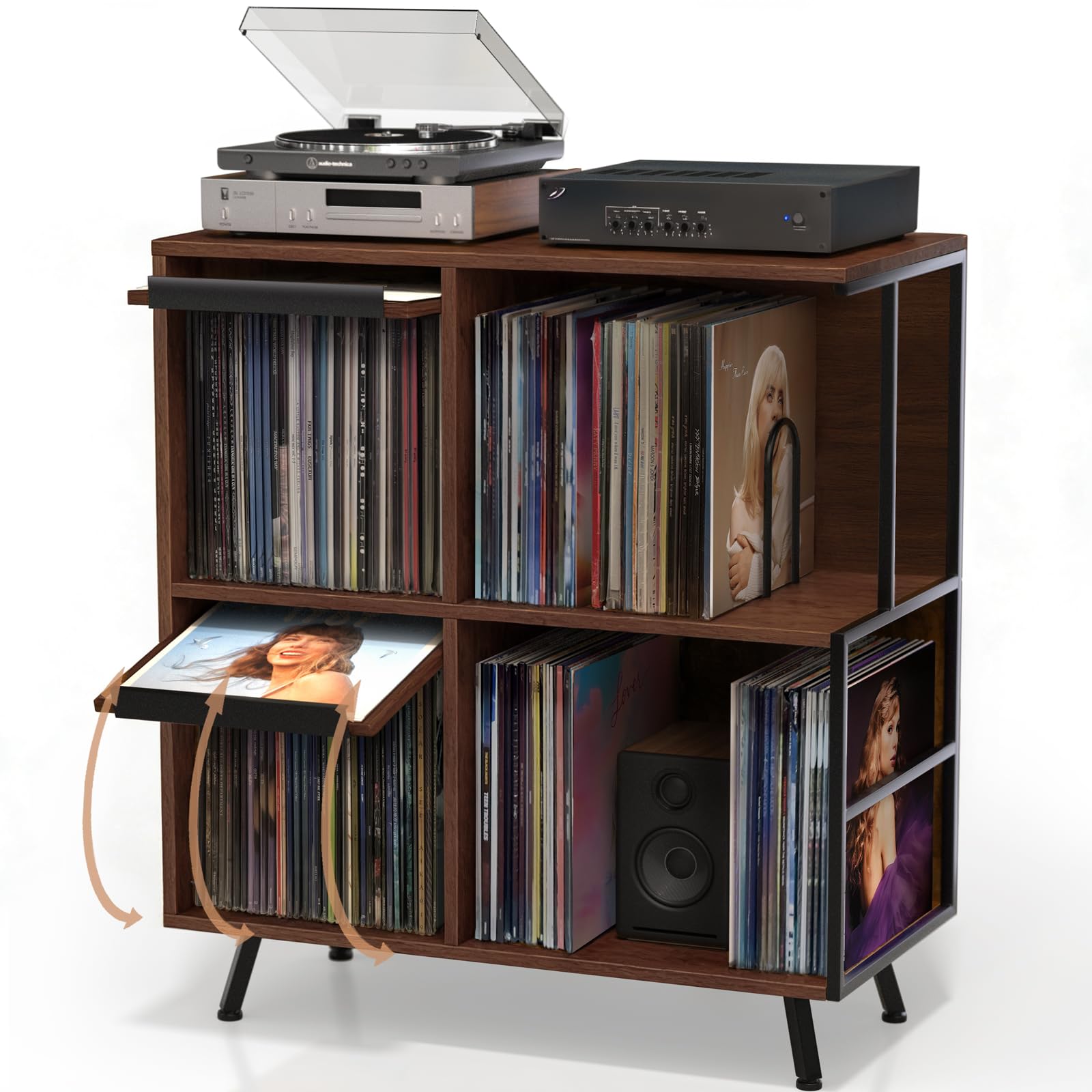 Faesun 3 Tier Record Player Stand with Flip-Down Record Shelf, Walnut