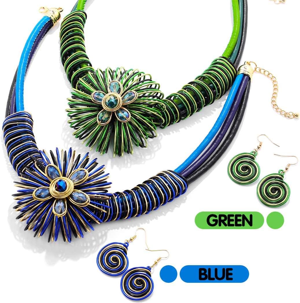 Fstrend フラワーアフリカンステートメントチョーカーネックレスイヤリング ブルーフローラルカラー トライバル エスニックコスチ