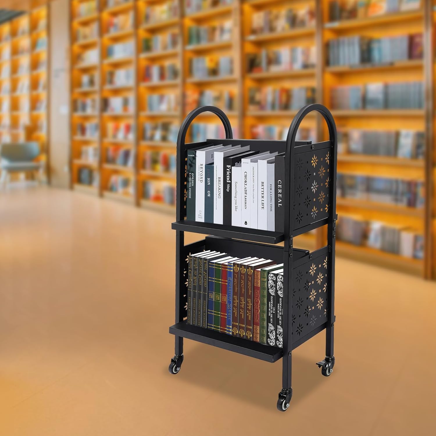 2 Tiers Rolling Library Book Cart with 4 Compartments, Moveable Book Organization Rack 50 lbs Library Cart with Lockable Wheels, Single Sided Flat Shelves for Home Shelves Office and School