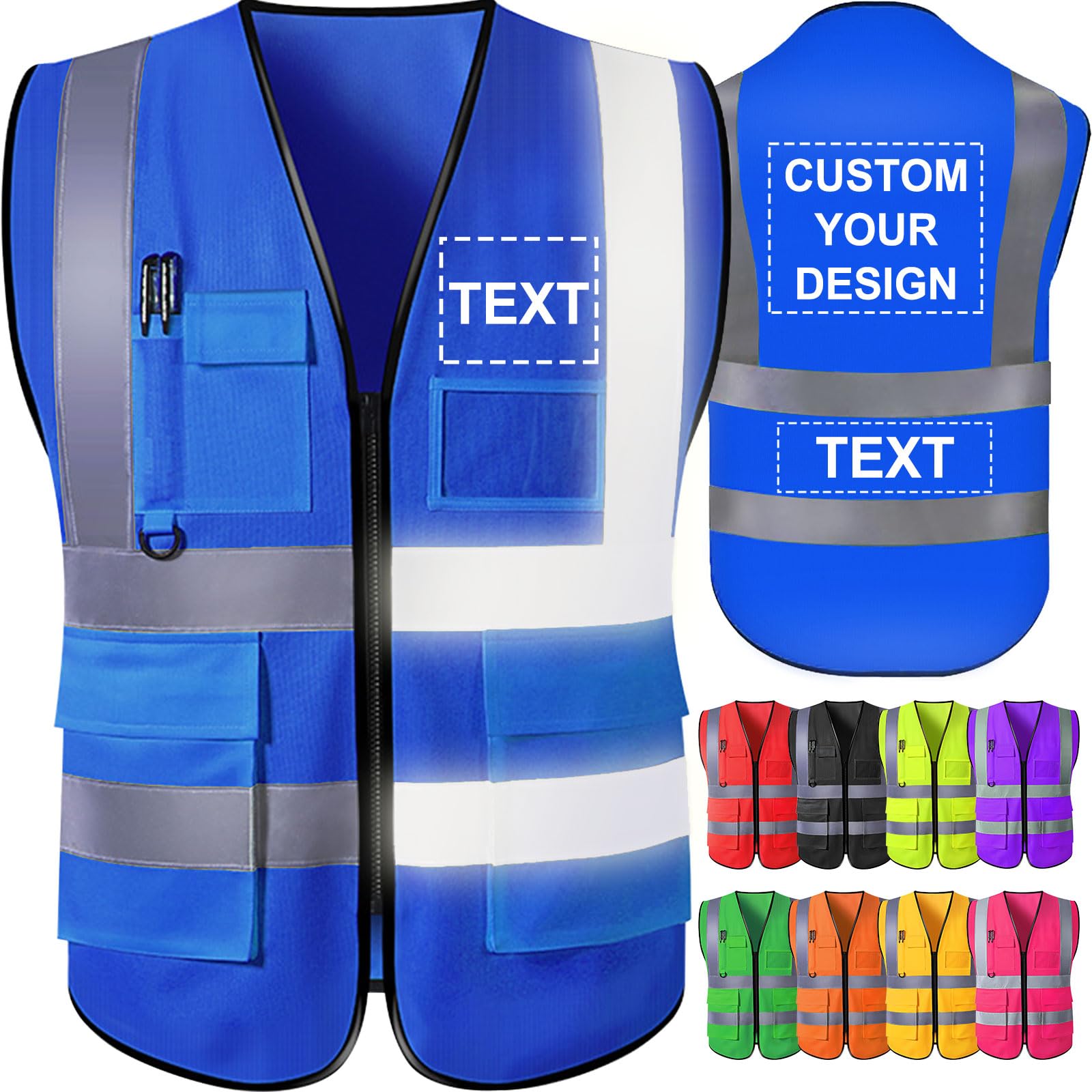 Custom Safety Vest for Men with Logo Pockets Blue High Visibility Reflective Vests Construction Security Workwear Outdoor Protective โ image 1