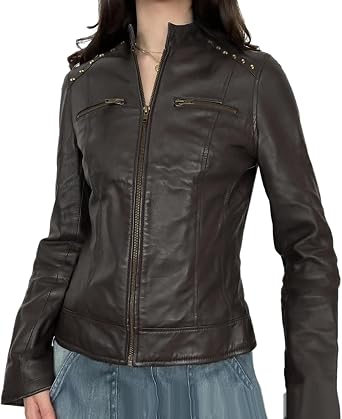 VOIKERDR Faux Leather Jacket Women Rivet Moto PU Brown Bomber Jacket Silm Fits Coat for Women Outwear