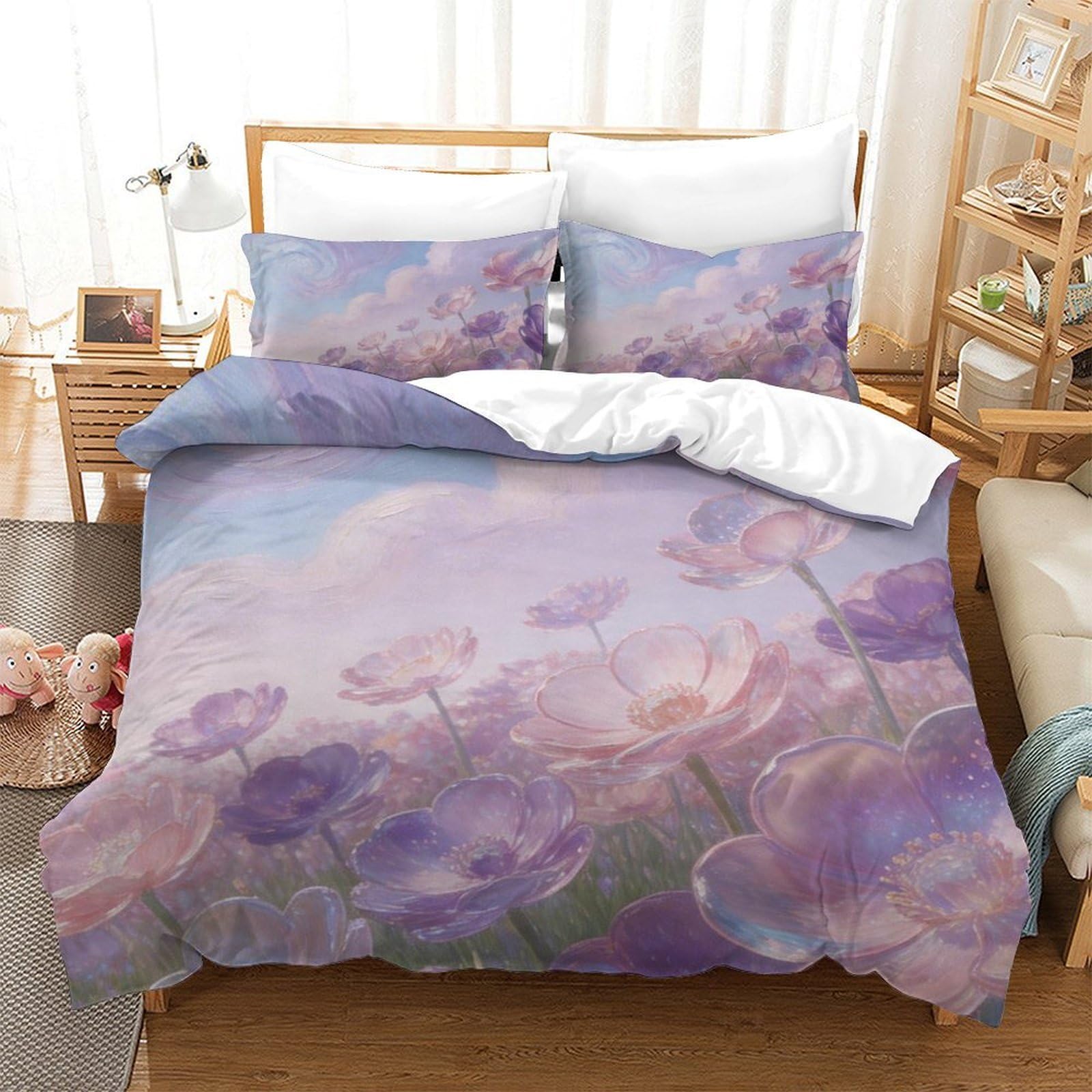 Housse de couette fleurie 3D parure de lit fleurs adultes microfibre