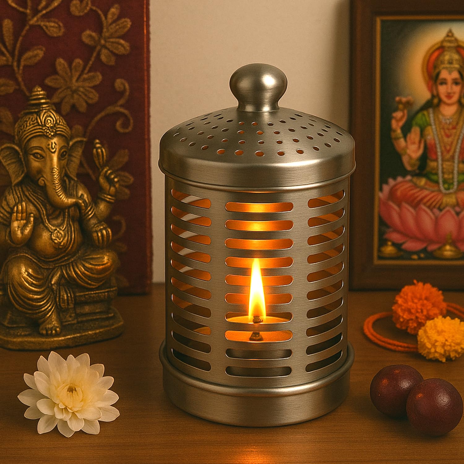SWAURSAHA Stainless Steel Akhand Diya Jyot for Puja | Rust Proof Long Burning Diya with Cover Lid | Oil Diya Stand for Pooja Temple Spiritual Home (Silver)