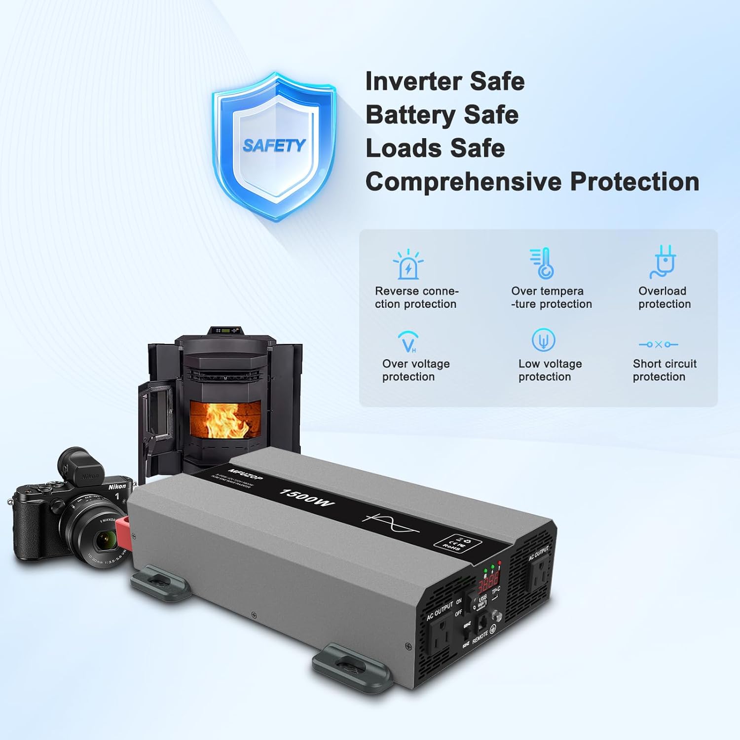 Inverter safety features and comprehensive protection icons