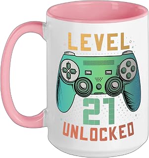 Level 21 Unlocked 21st Birthday Gamer Gifts 21 Year Old Male Ceramic Mug, Pink/White, 15oz