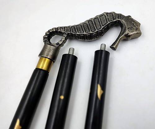 Miniatura 5 de Bastón de madera con mango de caballito de mar de metal, palo abierto de 3 partes estilo vintage