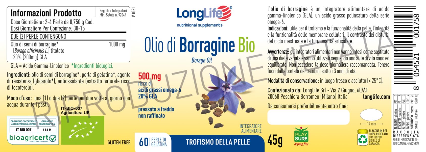 LongLife® Olio di Borragine Bio 500mg | Integratore di borragine titolato al 20% in GLA | Omega 6 | Trofismo della pelle | Benessere della donna | 60 perle | Biologico e senza glutine