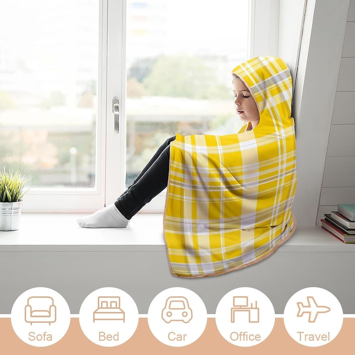 Yellow White Plaid Wearable Blanket Oversized Throw Cape | Cozy Hooded Blanket Gifts for Women Men