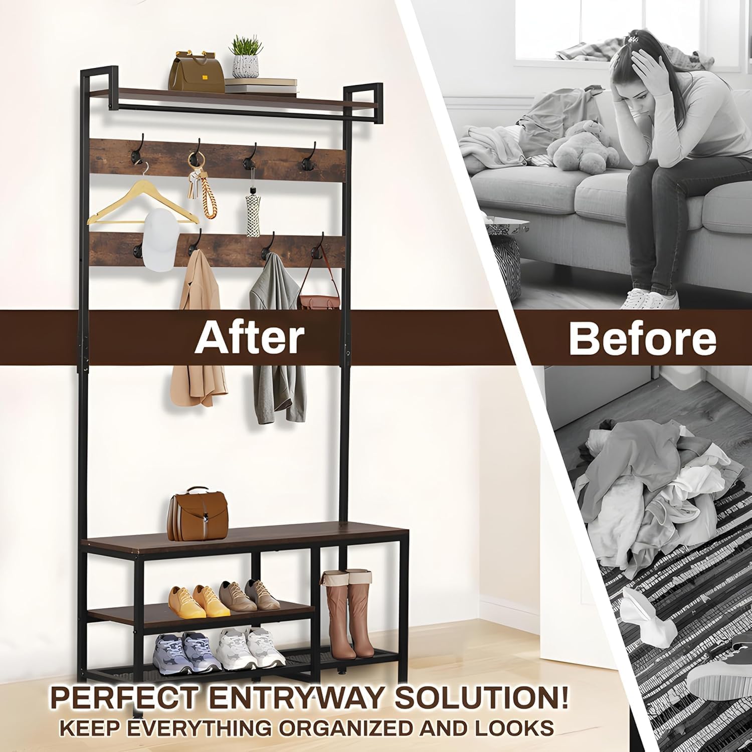 Hall Tree With Bench and Shoe Storage, 5 in 1 Entryway With Coat Rack, 71'' Industrial Wooden Metal Coat Tree With 14 Hooks, Shoe Storage and Wall Rack for Hallway Mudroom Bedroom (Rustic Brown)