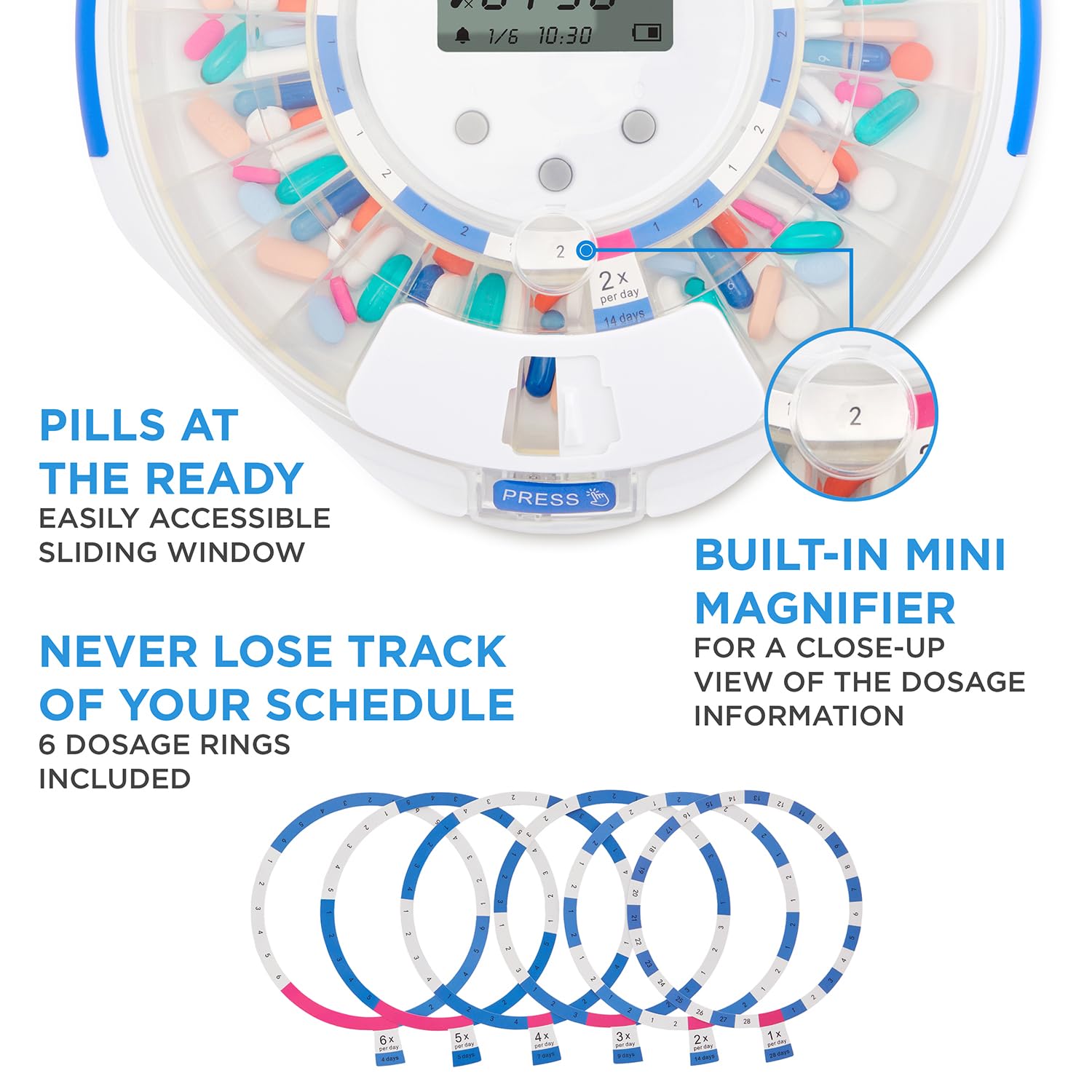 LiveFine Pilulier automatique avec organiseur électronique de médicaments de 28 jours, 6 anneaux de dosage, écran LCD avec alertes sonores et lumineuses, clé et loupe pour prescriptions, vitamines et