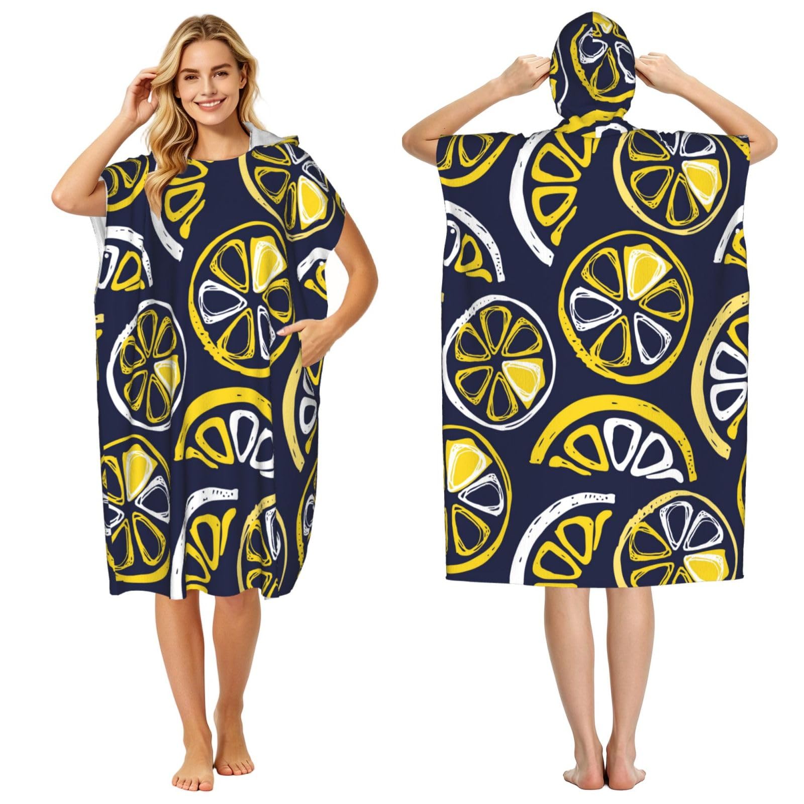 Poadnly Hand-drawn Lemon, Lemon Slices, Fruit Pattern, Adult Hooded Beach Towel 90 x 110 cm,Changing Bath Robe, Surf Poncho Towel For Women Men